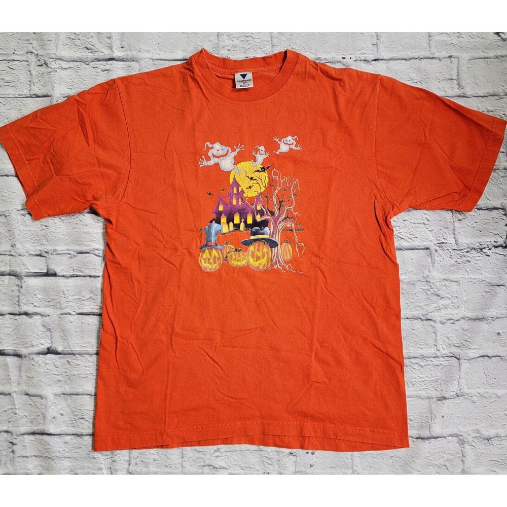 Vintage Halloween T-Shirt XL Spooky Haunted House Pumpkins Ghost Orange Tee 90's